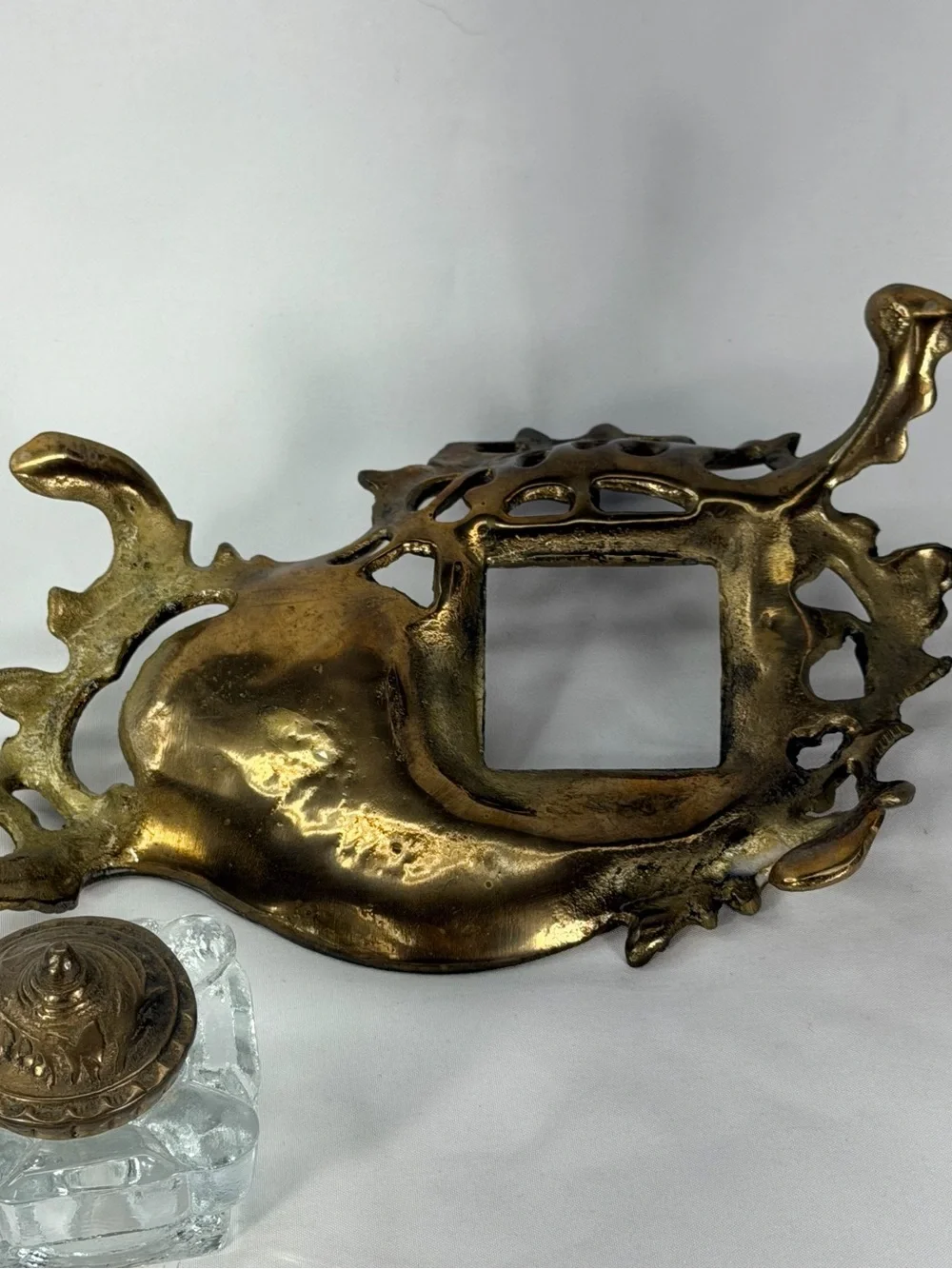 Source Unknown Ornate Brass-Finish Inkwell with Clear Glass Pot